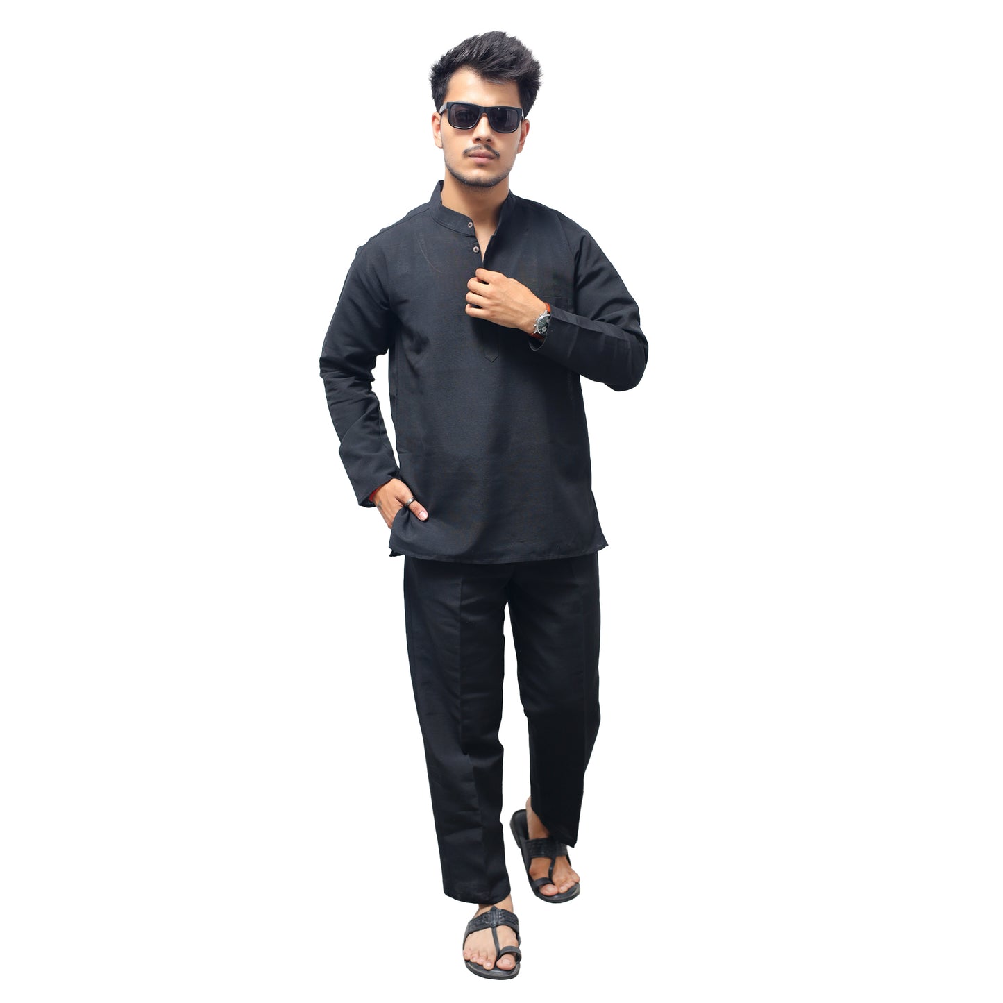 Black Khadi Cotton Kurta Pant Set Front View