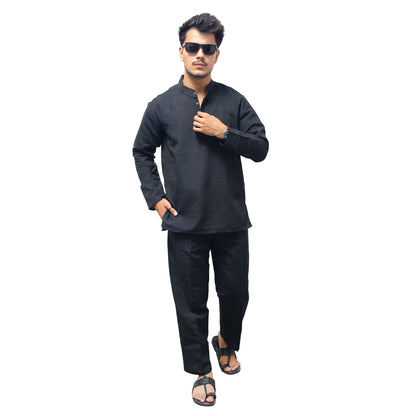 Black Khadi Cotton Kurta Pant Set Front View