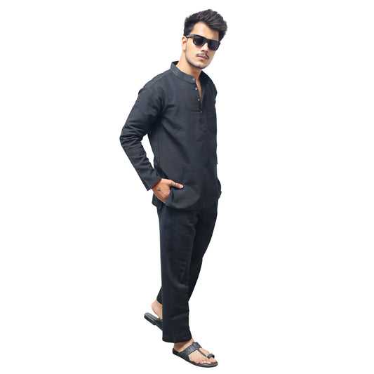 Black Solid Full Sleeves Khadi Cotton Co ord Set For Men