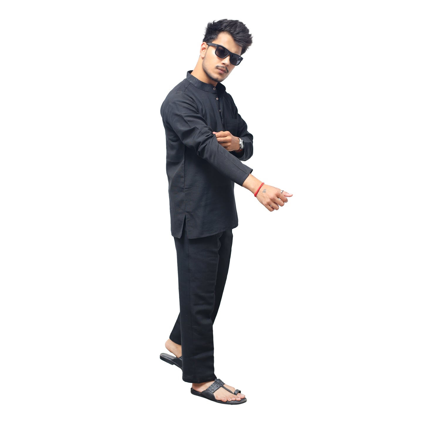 Black Solid Full Sleeves Khadi Cotton Co ord Set For Men Side View