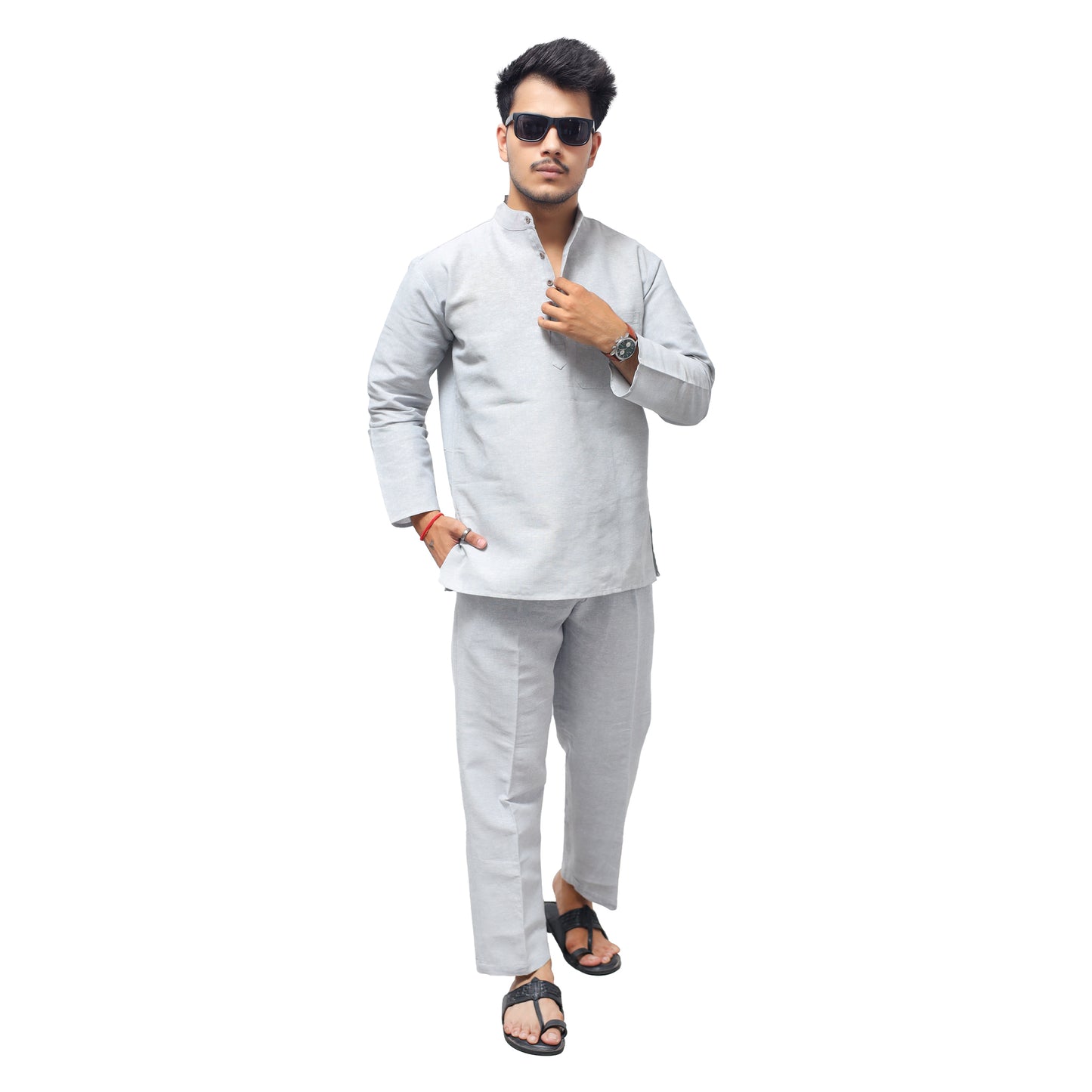 Grey Solid Full Sleeves Co ord Set For Men Front View