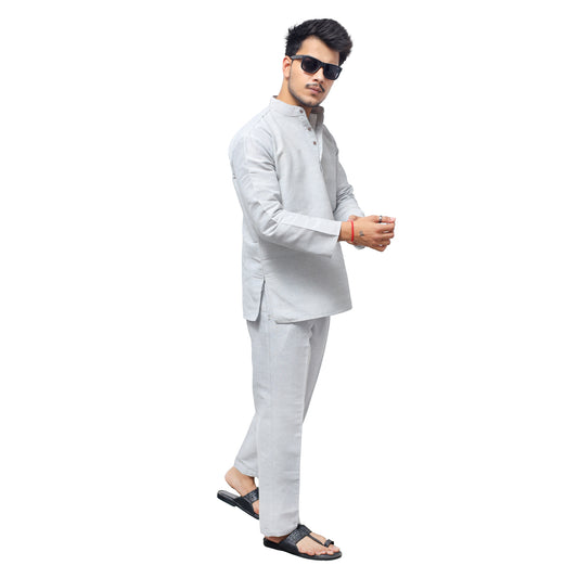 Grey Khadi Cotton Kurta Pant Set Side View