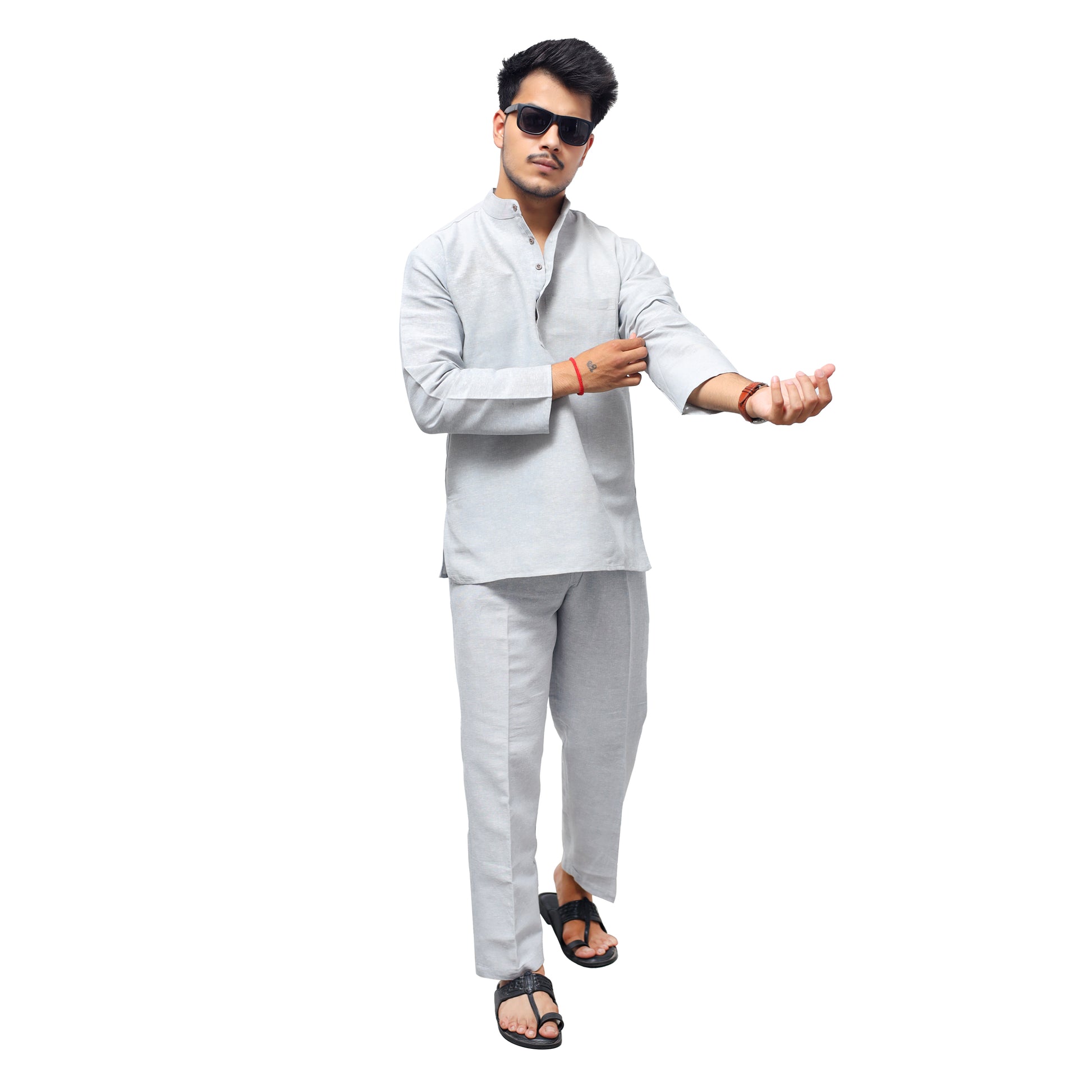 Grey Full Sleeves Short Kurta Co ord Set For Men