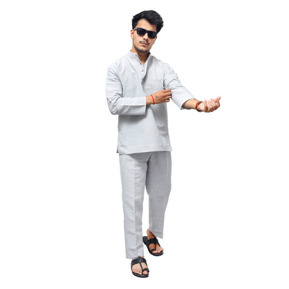 Grey Full Sleeves Short Kurta Co ord Set For Men