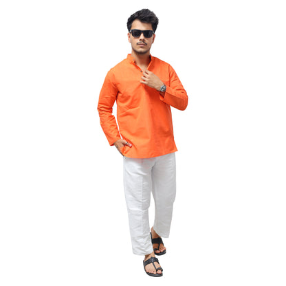 Orange Color Full Sleeves Kurta White Pant Set Front View
