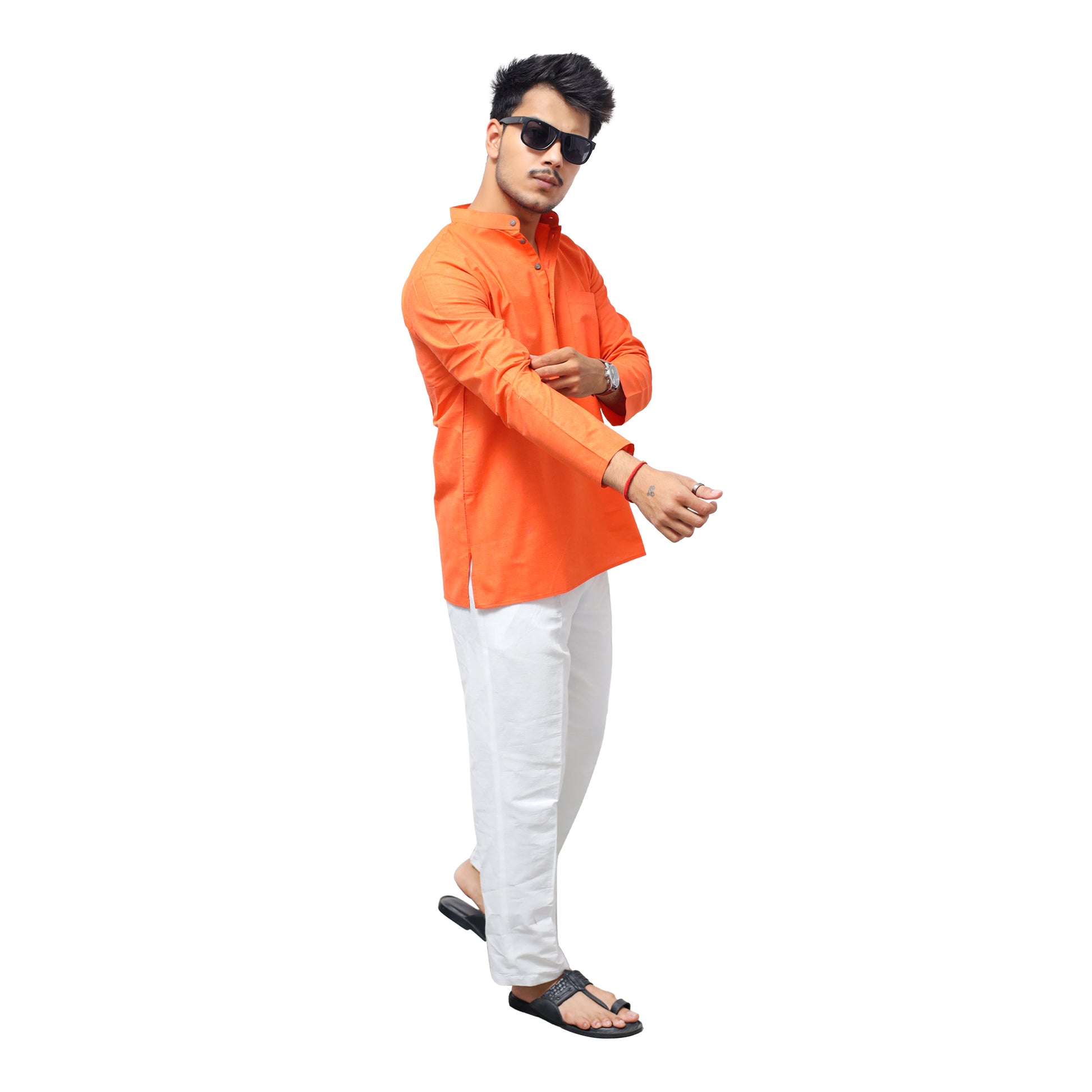 Handwoven Khadi Cotton Orange Kurta White Trouser Set