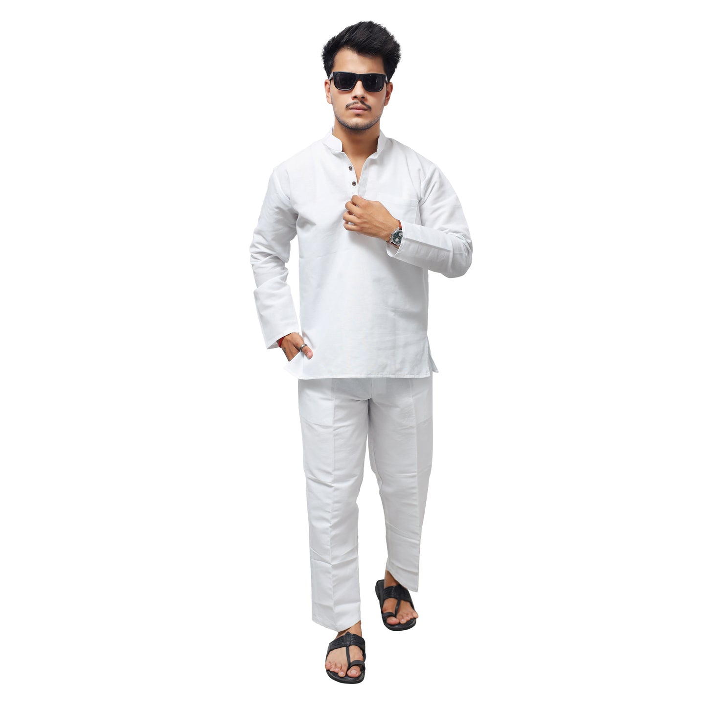 White Solid Full Sleeves Khadi Cotton Co ord Set For Men Front View