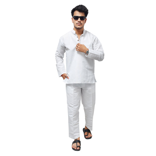 White Solid Full Sleeves Khadi Cotton Co ord Set For Men Front View