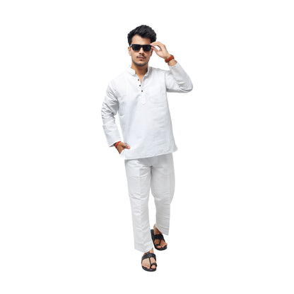 White Khadi Cotton Co ord Set For Men