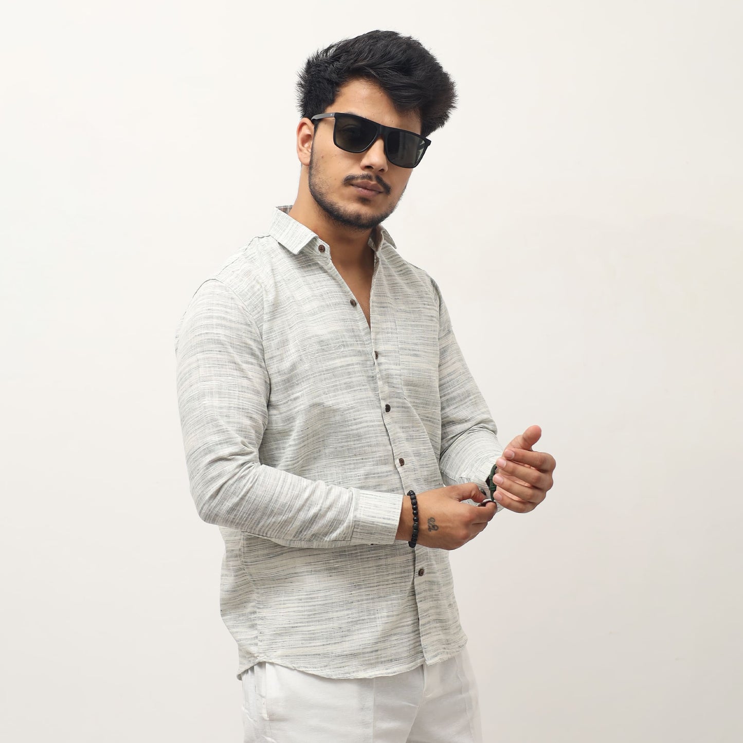 Grey khadi cross jharna shirt for men side look