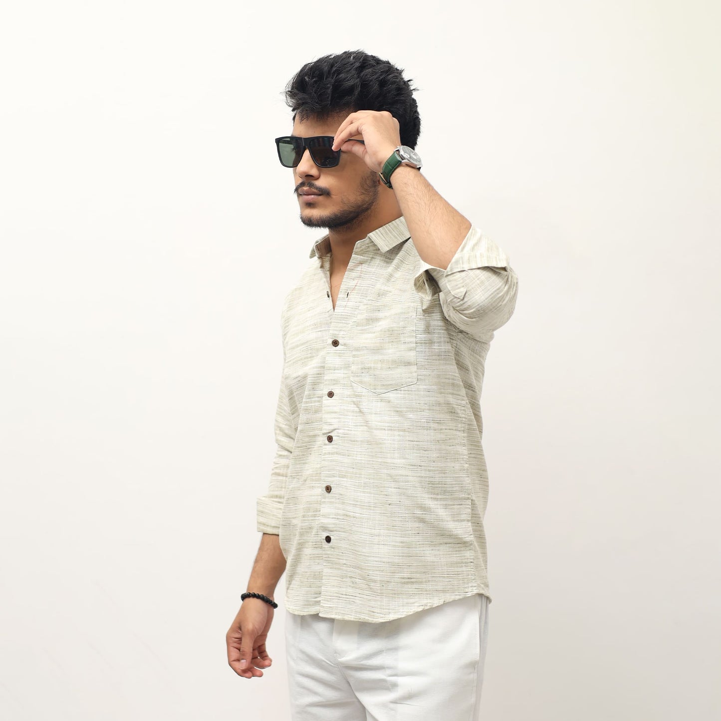 Light green cross jharna khadi shirt for men front view