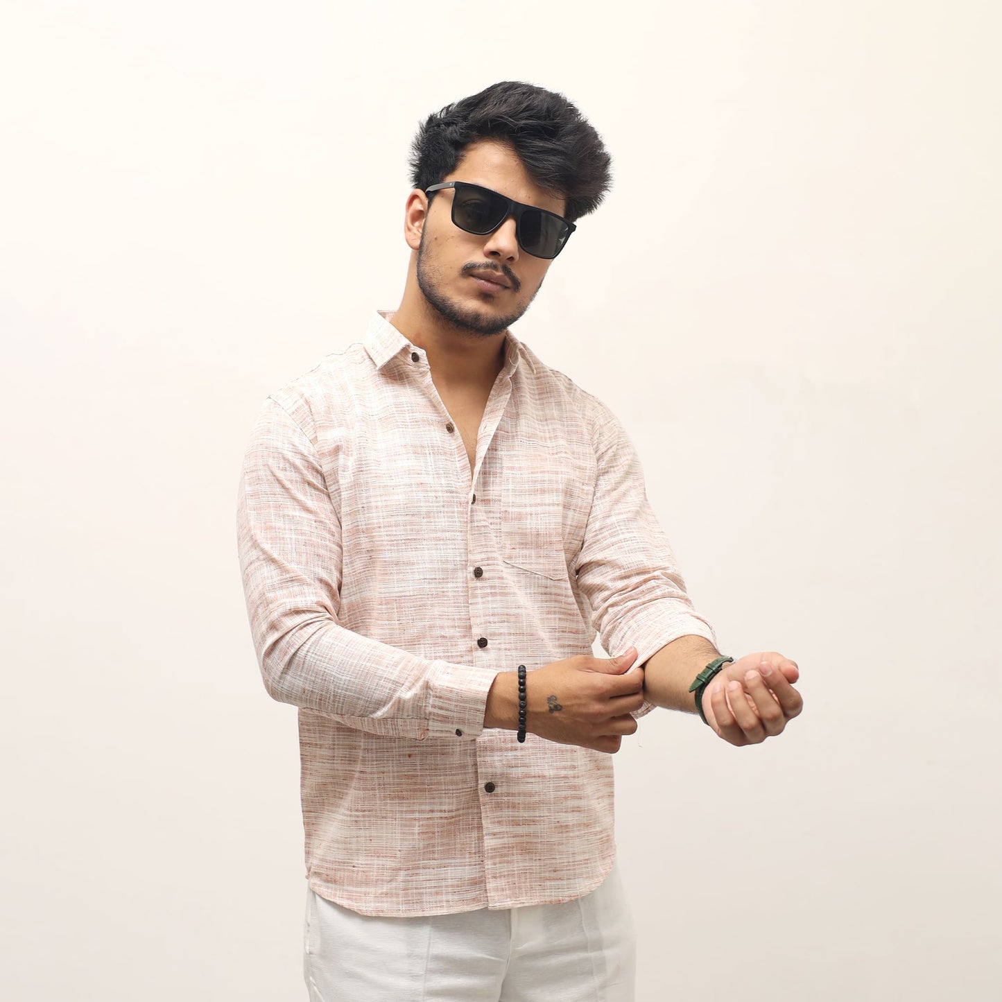 Light orange cross jharna khadi shirt for men front view