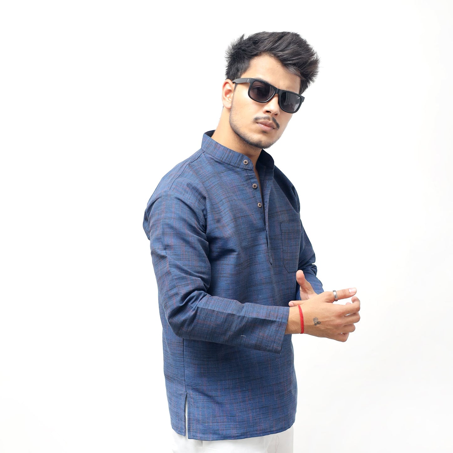 Side View of Blue Tone Dark Jharna Full Sleeves Short Kurta for Men