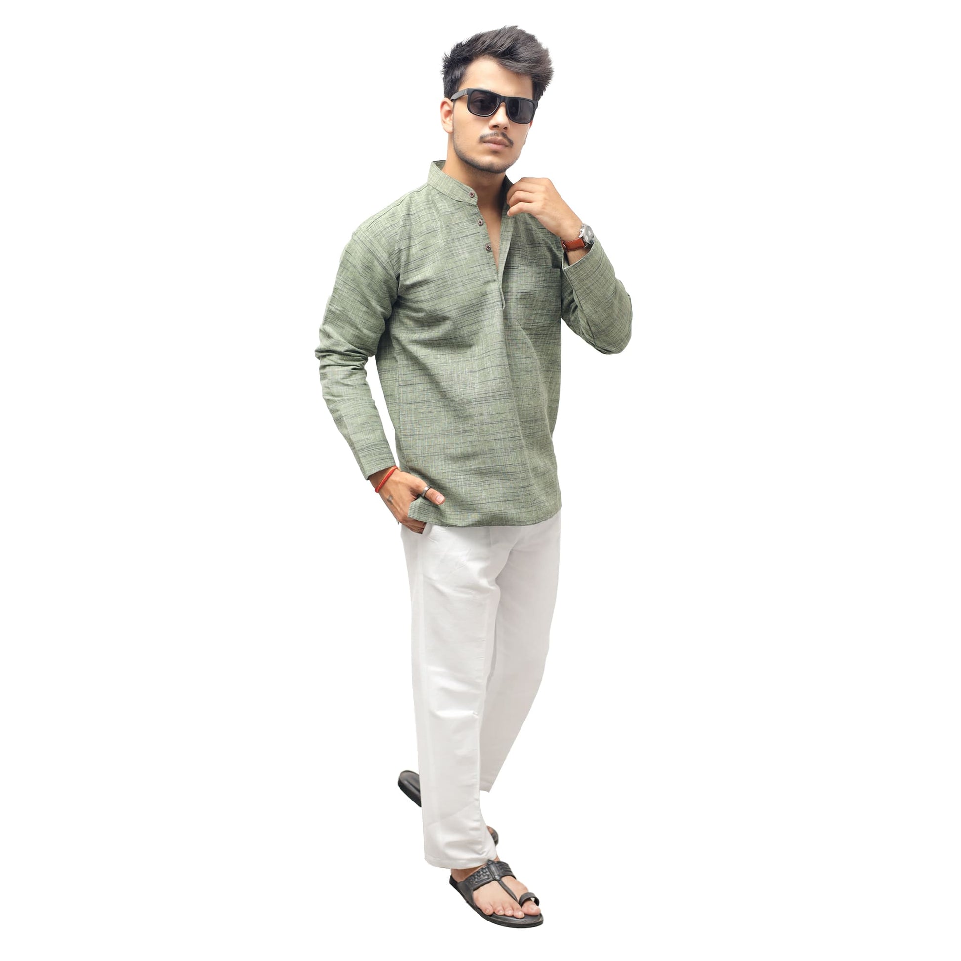 Green Tone Dark Jharna Full Sleeves Kurta Pant Combo Set full outfit look