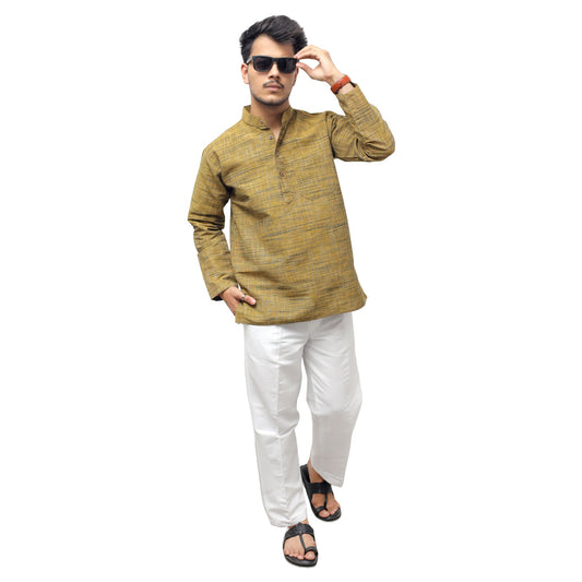 Mustard Tone Dark Jharna Full Sleeves Kurta Pant Combo Set with white pant complete ethnic look