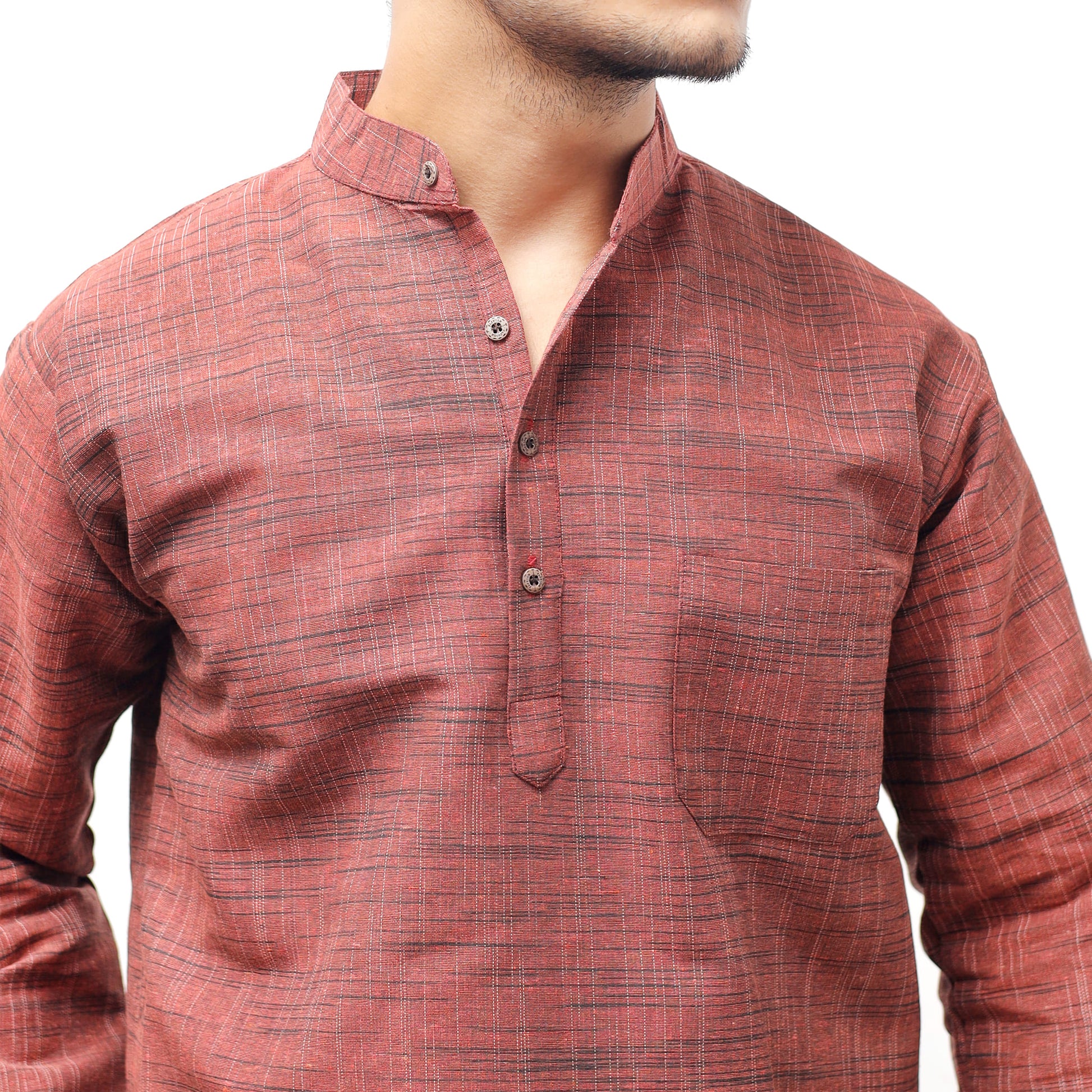 Orange Tone Dark Jharna textured kurta close-up showing woven pattern and mandarin collar