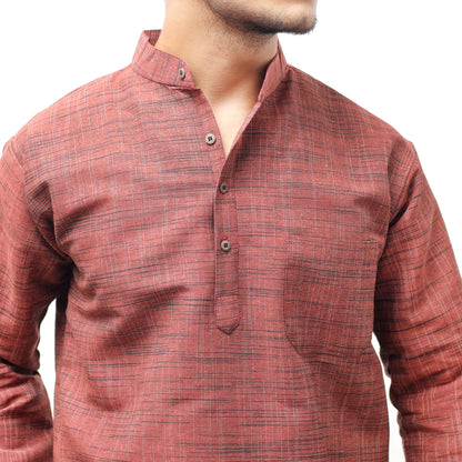 Orange Tone Dark Jharna textured kurta close-up showing woven pattern and mandarin collar