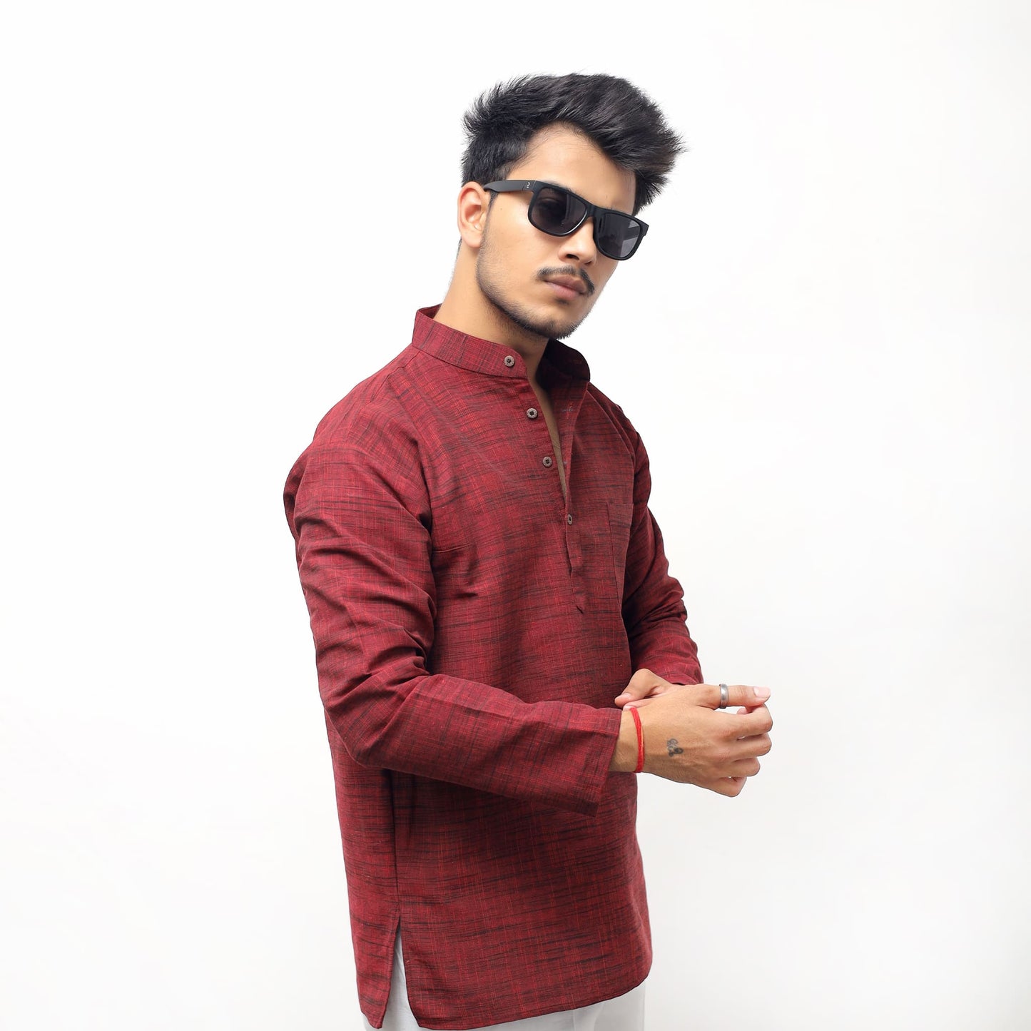 Side profile of Red Tone Dark Jharna Full Sleeves Kurta Pant Combo Set