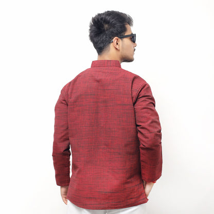 Back view of Red Tone Dark Jharna Full Sleeves Kurta Pant Combo Set