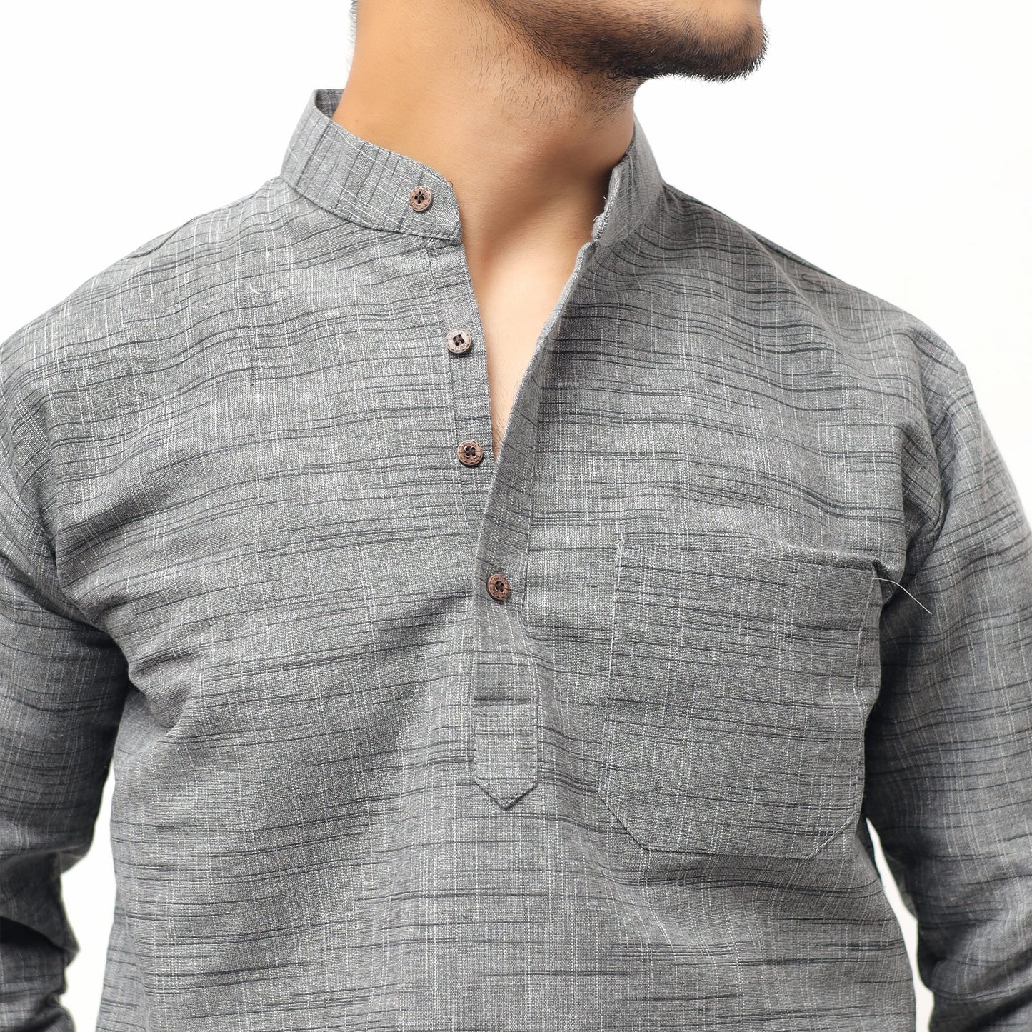 Grey Tone Dark Jharna Full Sleeves Kurta showing handwoven khadi texture and mandarin collar