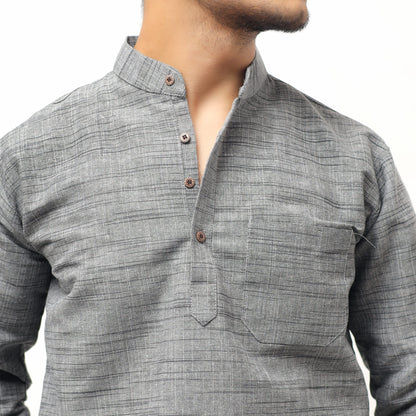 Grey Tone Dark Jharna Full Sleeves Kurta showing handwoven khadi texture and mandarin collar