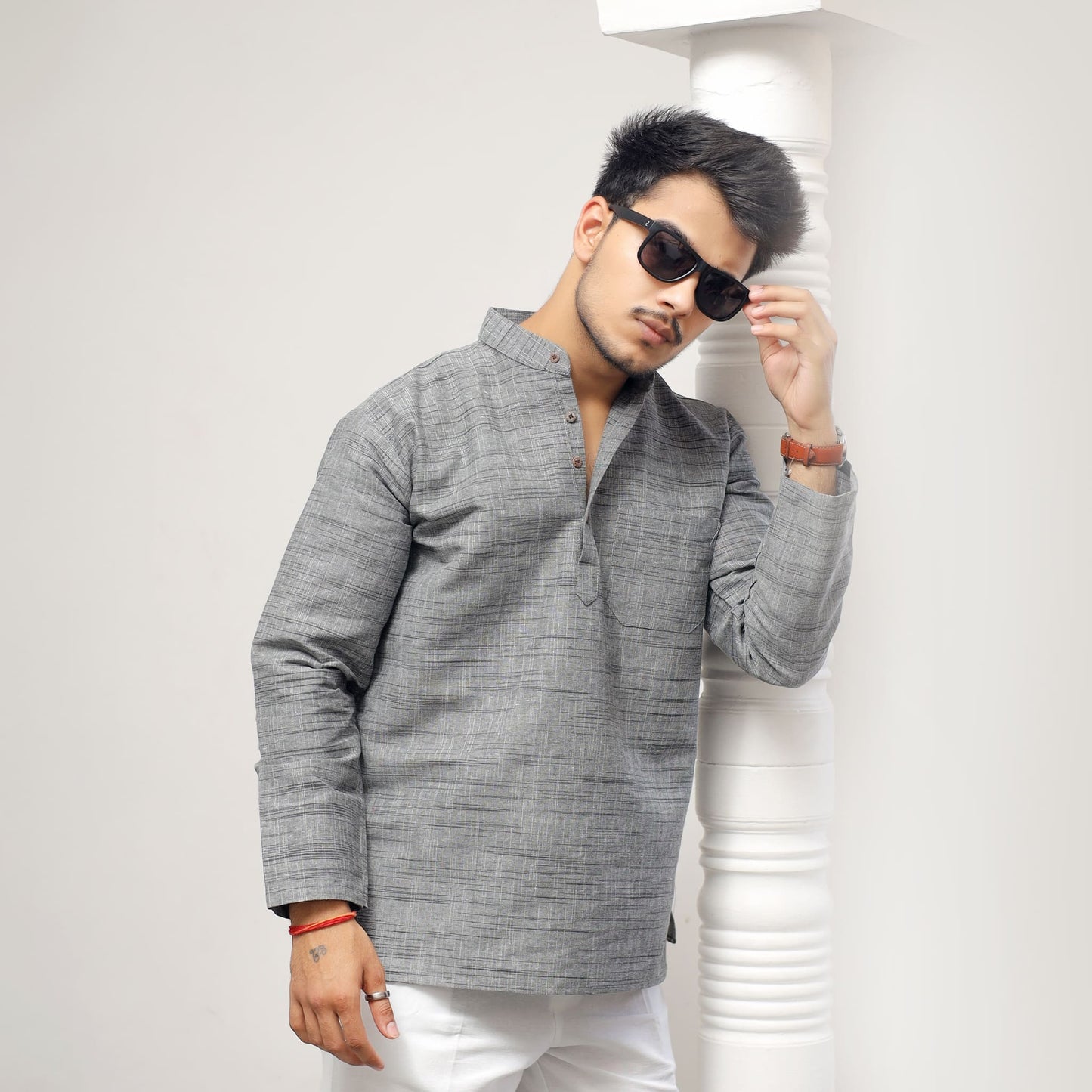 Men's Grey Tone Dark Jharna Full Sleeves Khadi Kurta styling view