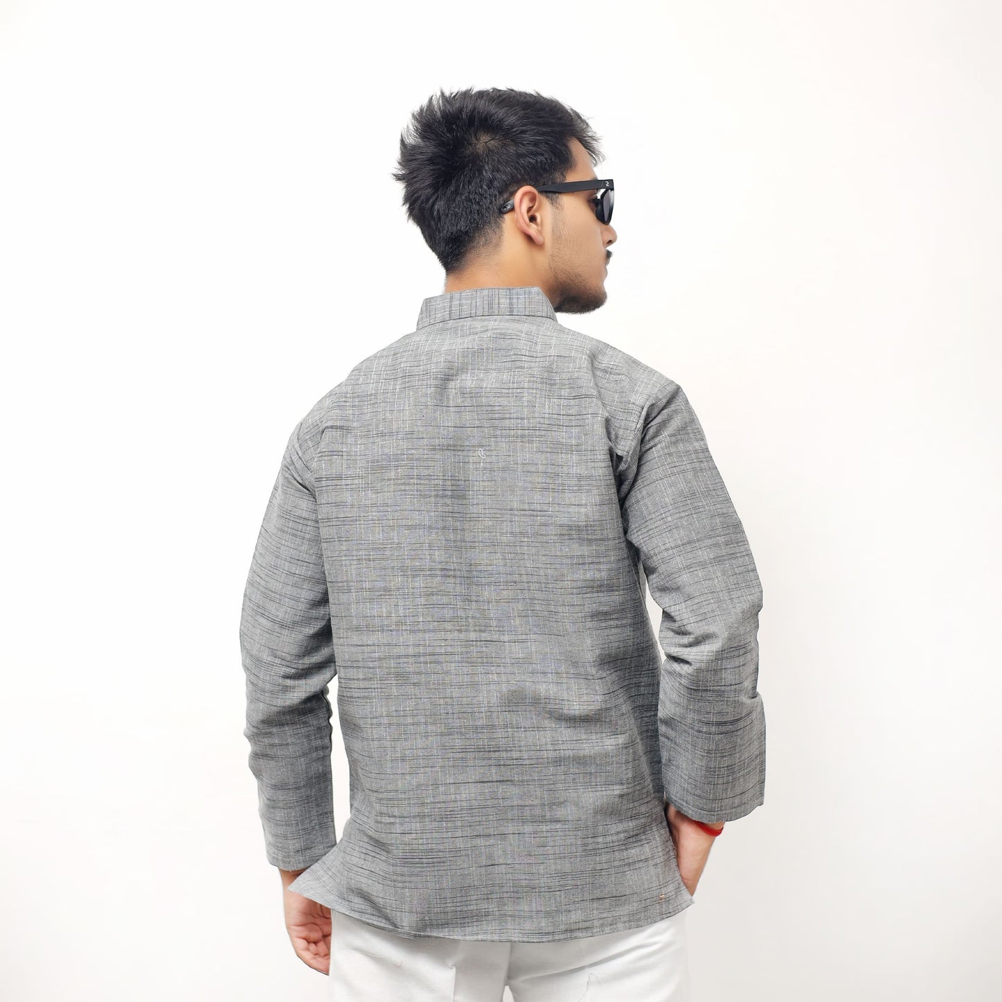 Grey Tone Dark Jharna Full Sleeves Kurta back view with textured handwoven fabric