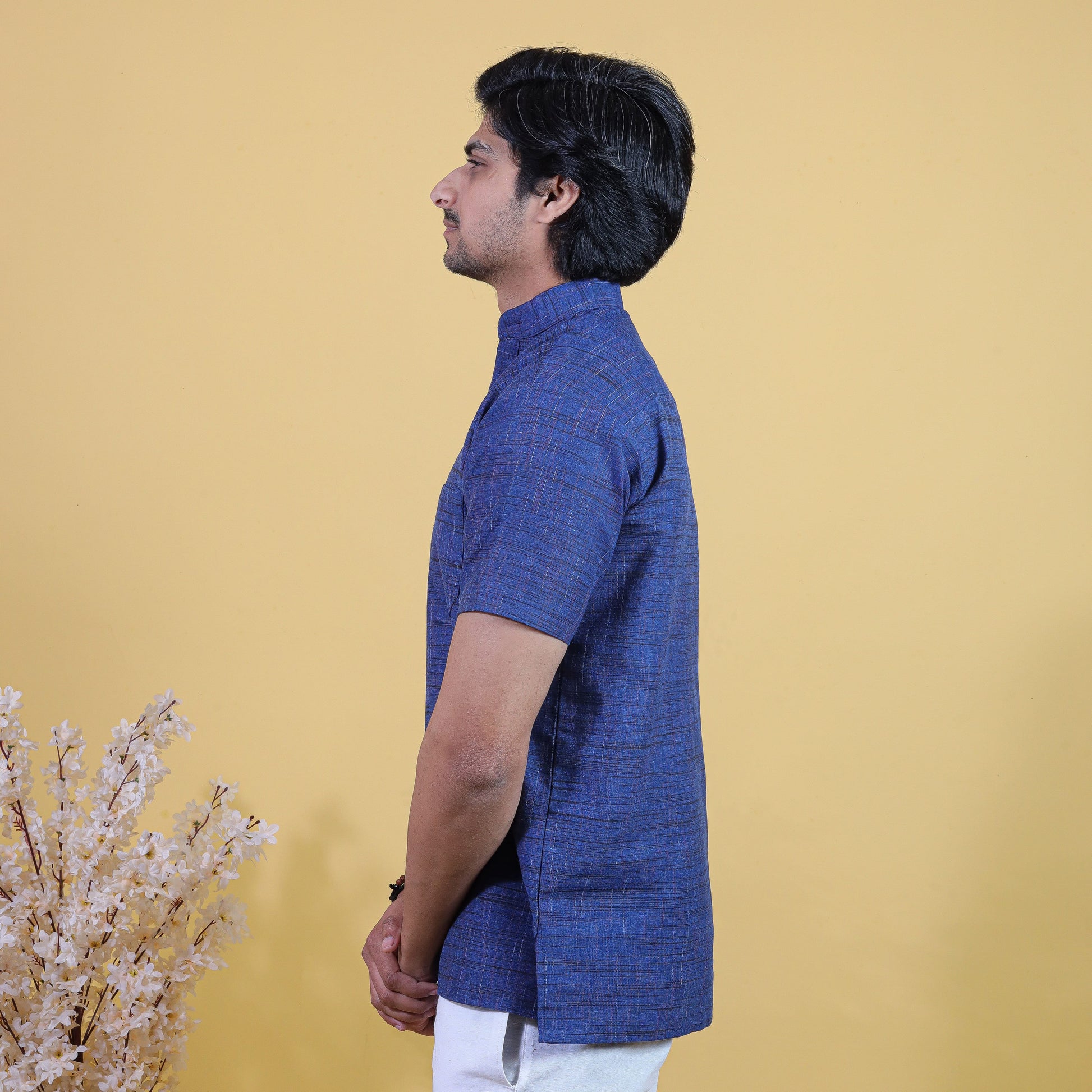 Dark Blue Jharna Cotton Kurta Side View for Men