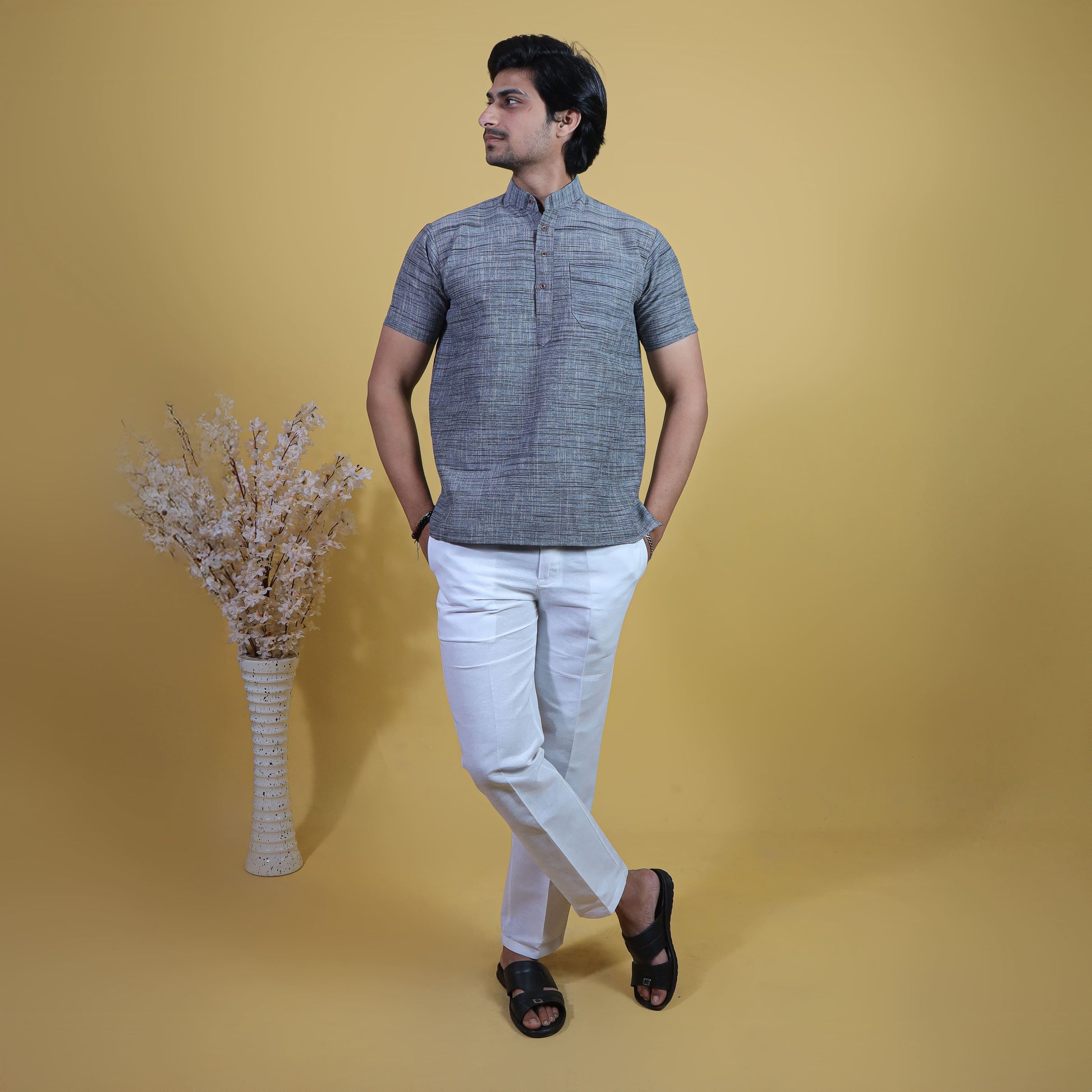 Half Sleeves Grey Tone Dark Jharna Cotton Combo Set Full Look