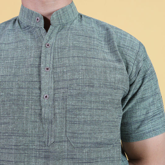 Green Tone Dark Jharna Kurta Collar and Pocket Close-Up