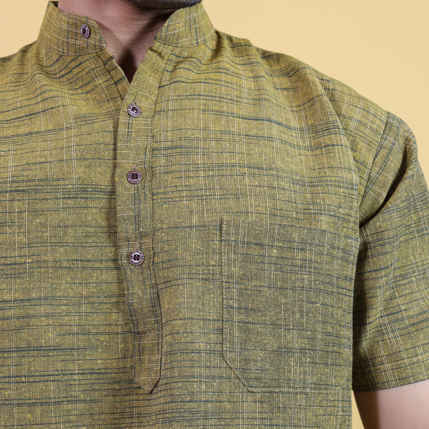 Mustard Pattern Dark Jharna Kurta Collar and Pocket Close-Up