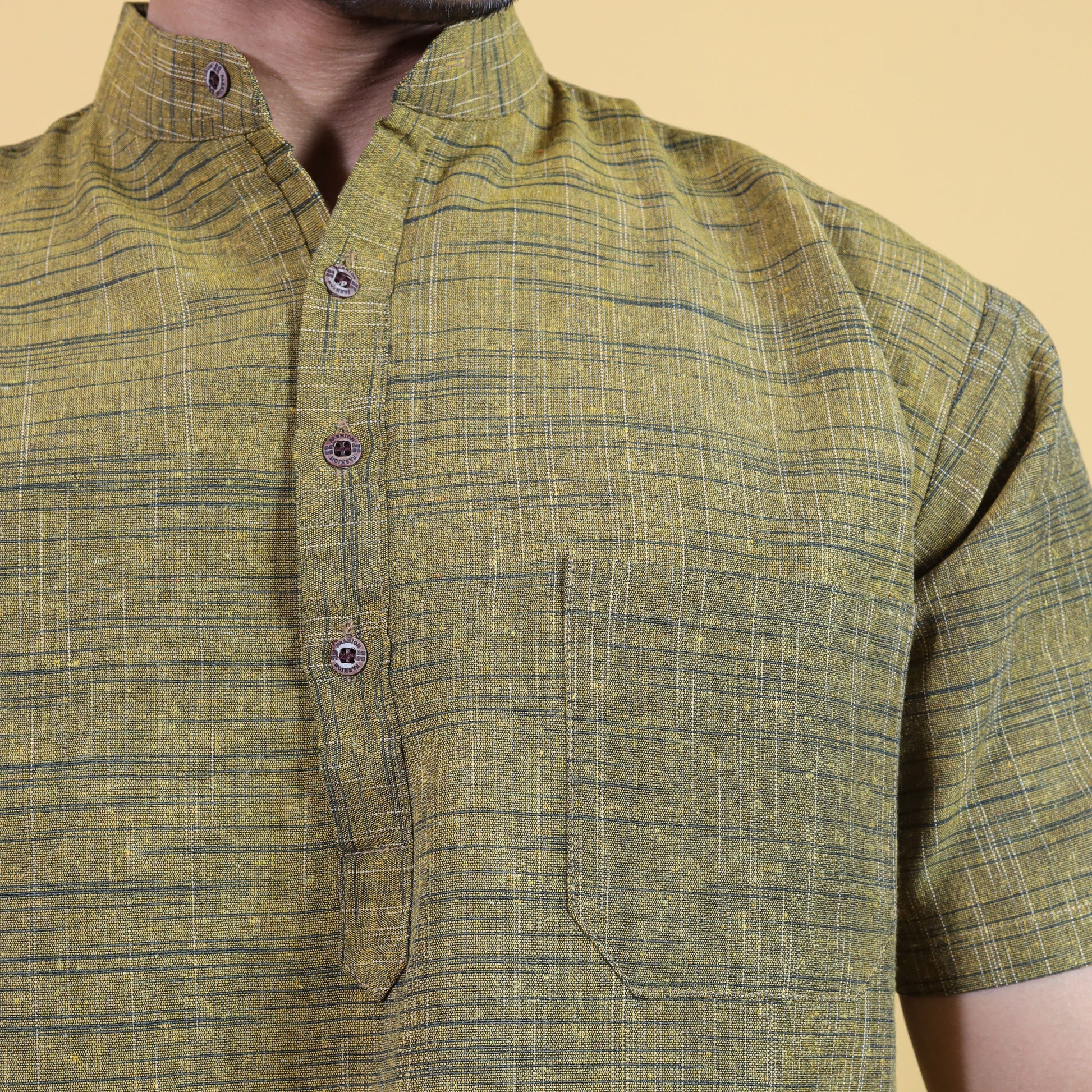Mustard Pattern Dark Jharna Kurta Collar and Pocket Close-Up