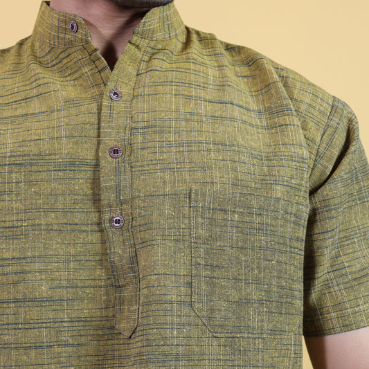 Mustard Pattern Dark Jharna Kurta Collar and Pocket Close-Up