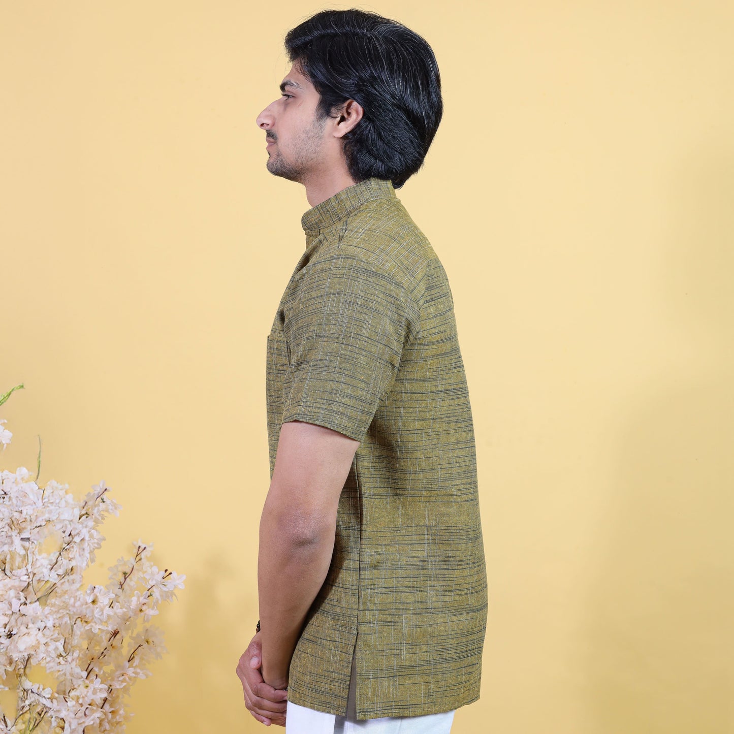 Half Sleeves Mustard Pattern Kurta Side View for Men