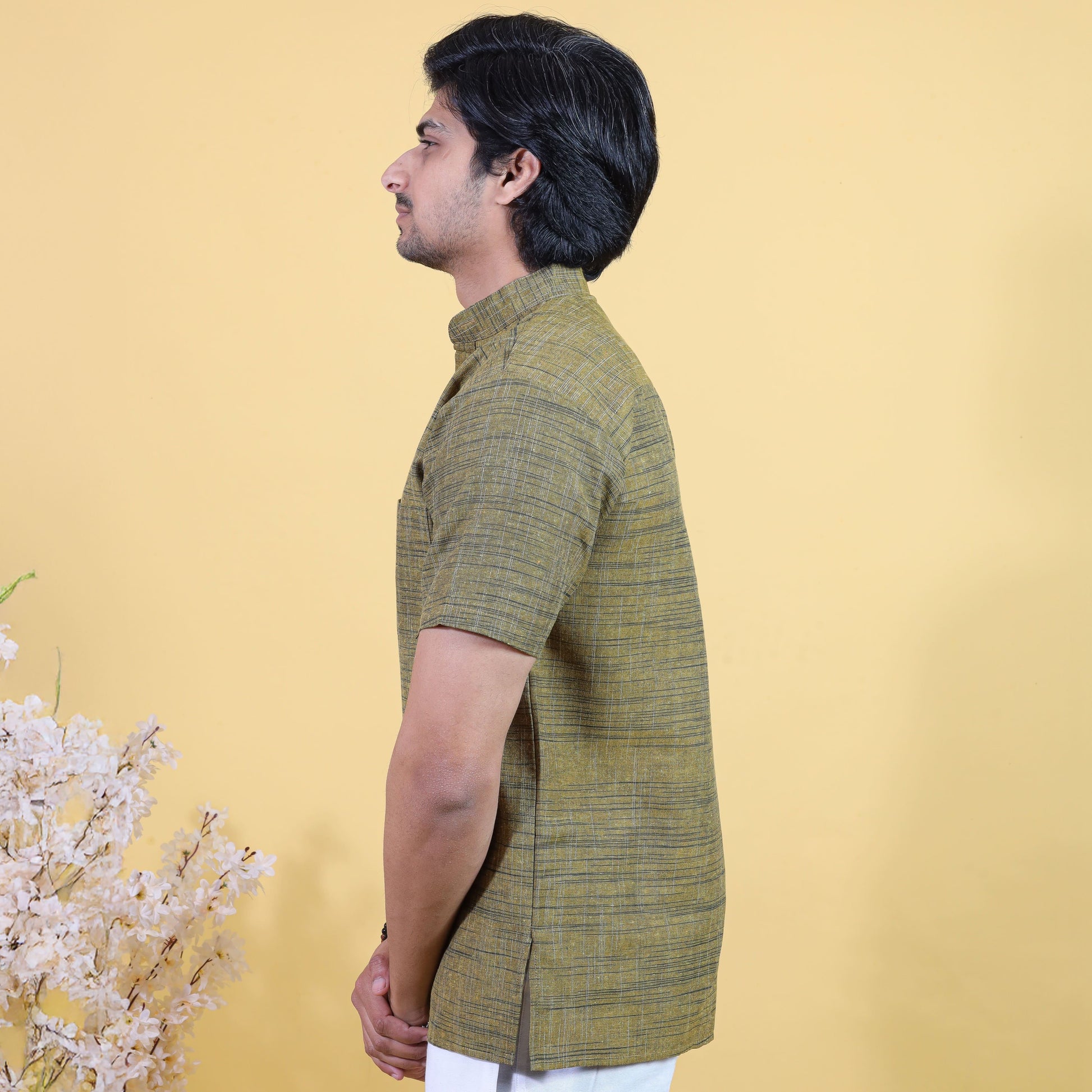 Half Sleeves Mustard Pattern Kurta Side View for Men