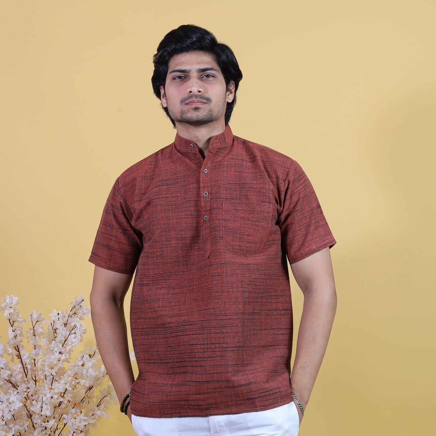 Half Sleeves Brown Pattern Dark Jharna Cotton Co-ord Set Front View for Men