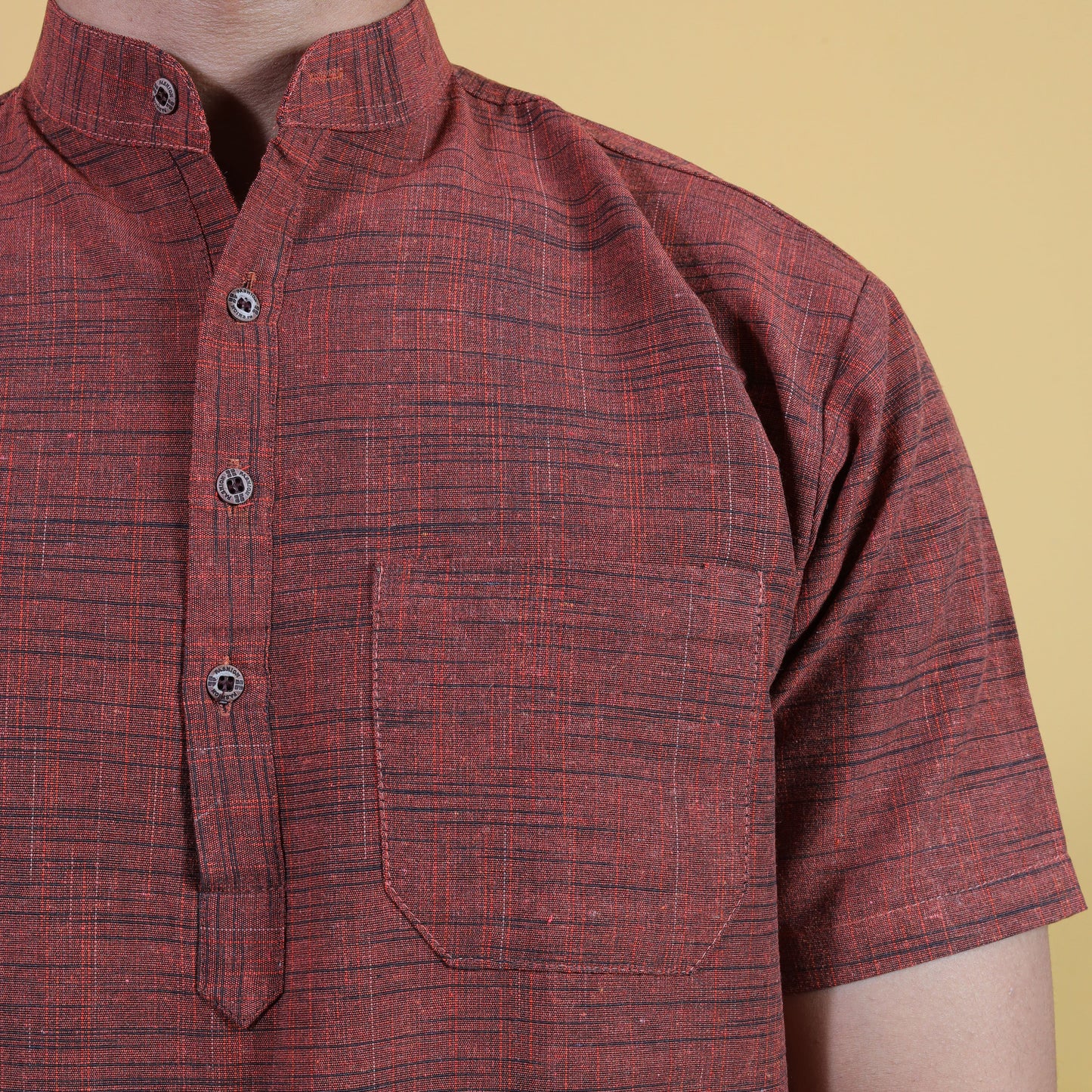 Rust Brown Jharna Pattern Kurta Collar and Pocket Close-Up