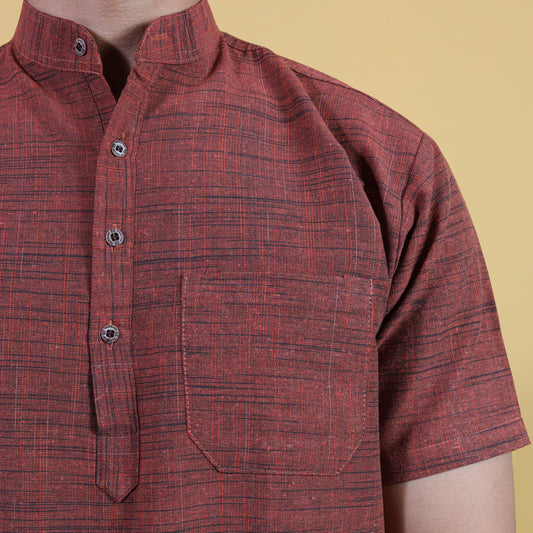 Rust Brown Jharna Pattern Kurta Collar and Pocket Close-Up