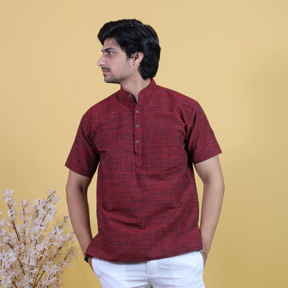 Half Sleeves Red Pattern Dark Jharna Cotton Combo Set Front View for Men