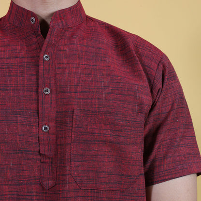 Red Pattern Dark Jharna Kurta Collar and Pocket Close-Up