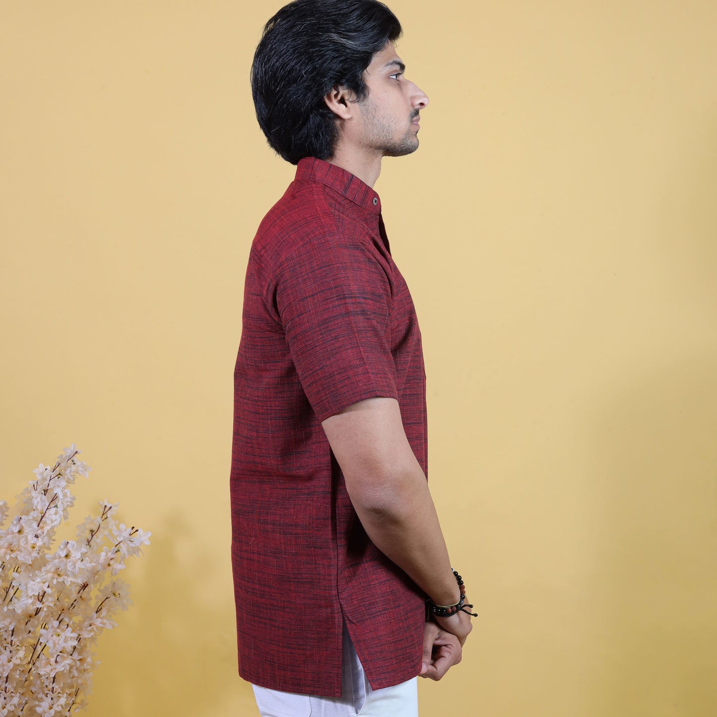 Half Sleeves Red Pattern Kurta Side View for Men