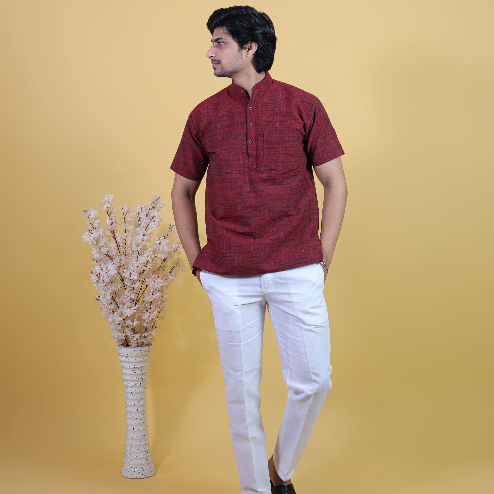 Half Sleeves Red Pattern Dark Jharna Cotton Combo Set Full Look