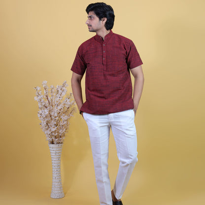 Half Sleeves Red Pattern Dark Jharna Cotton Combo Set Full Look