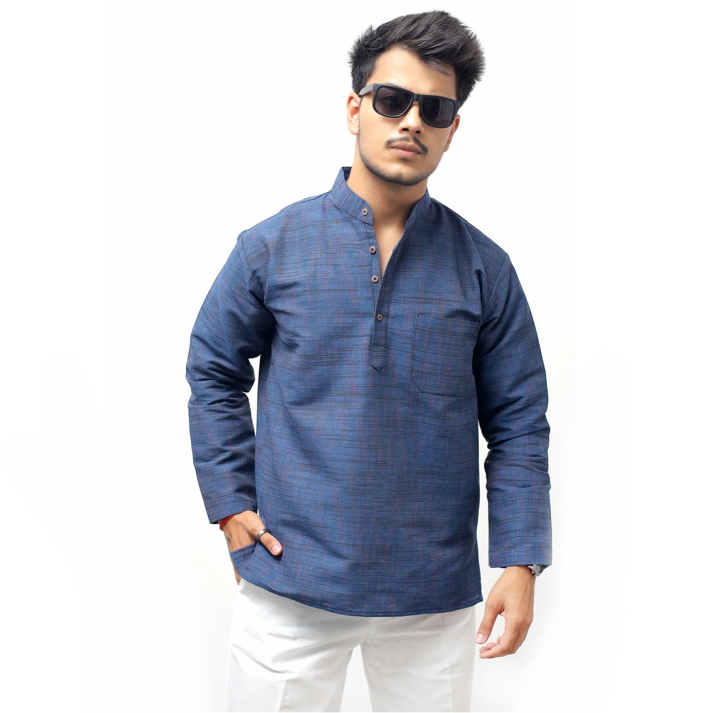 Blue Tone Dark Jharna Full Sleeves Short Cotton Kurta front view for men