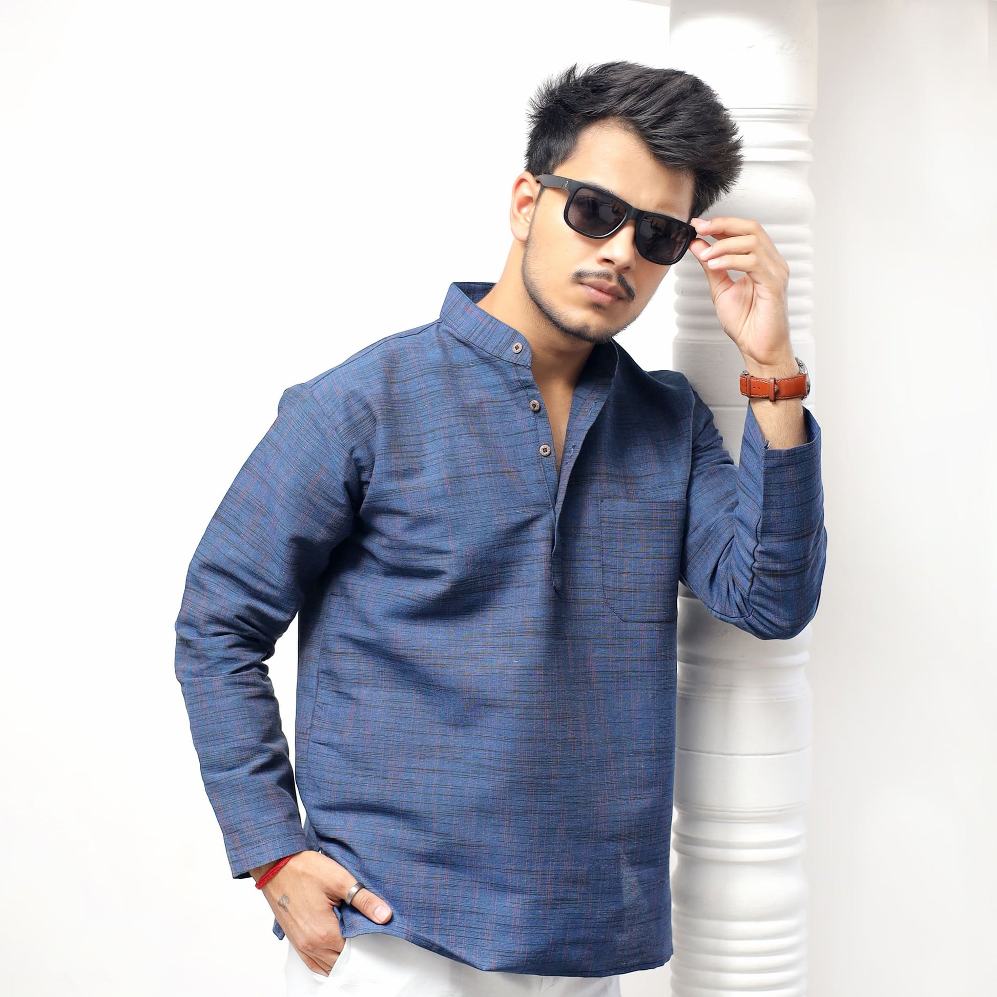 Stylish men wearing Blue Dark Jharna cotton kurta with sunglasses