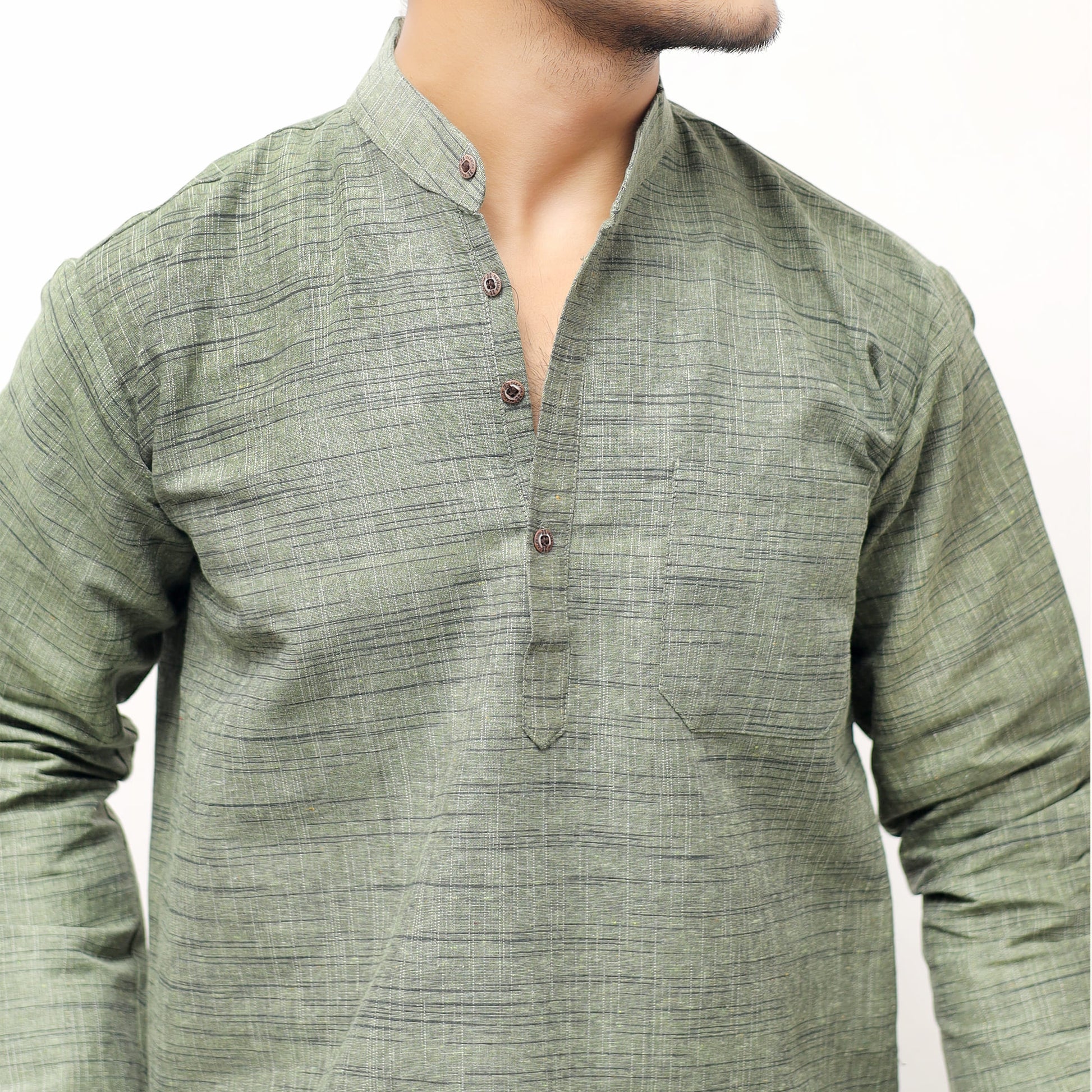Green khadi cotton short kurta mandarin collar button detail