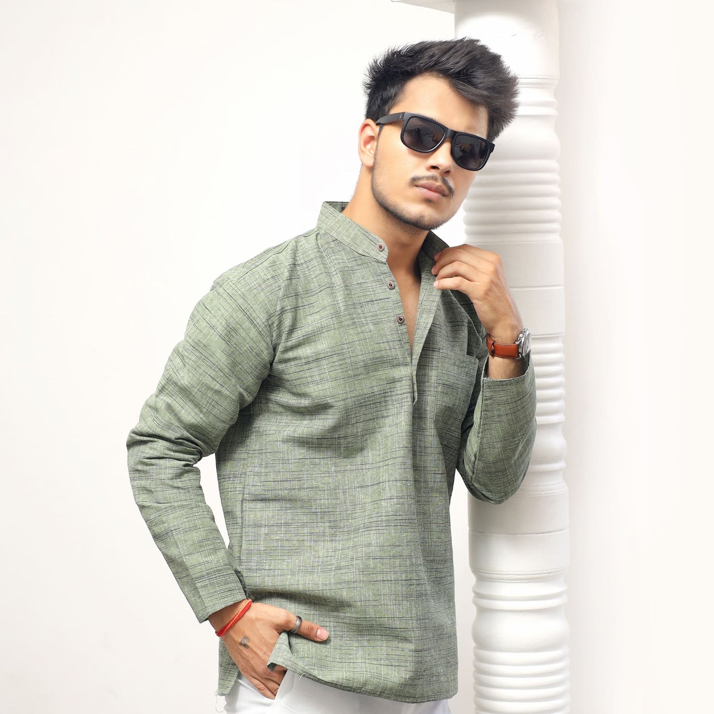 Green Tone Dark Jharna short kurta casual styling side pose