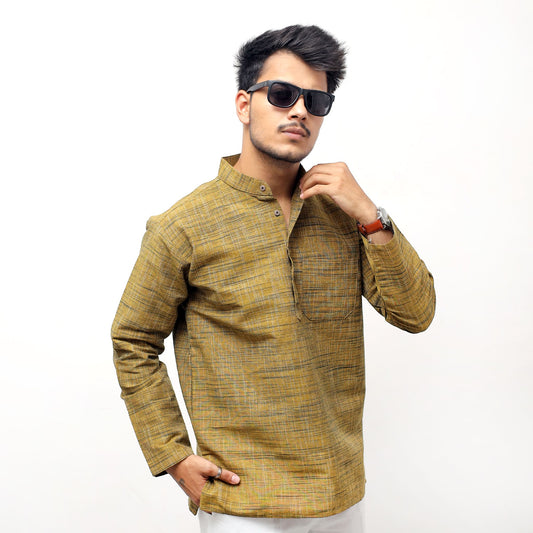Mustard Tone Dark Jharna Full Sleeves Short Kurta front model view