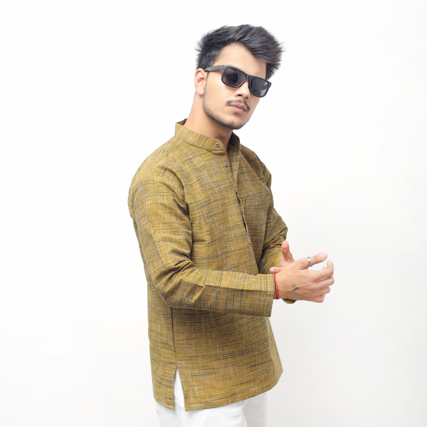Mustard Tone Dark Jharna Full Sleeves Short Kurta side angle