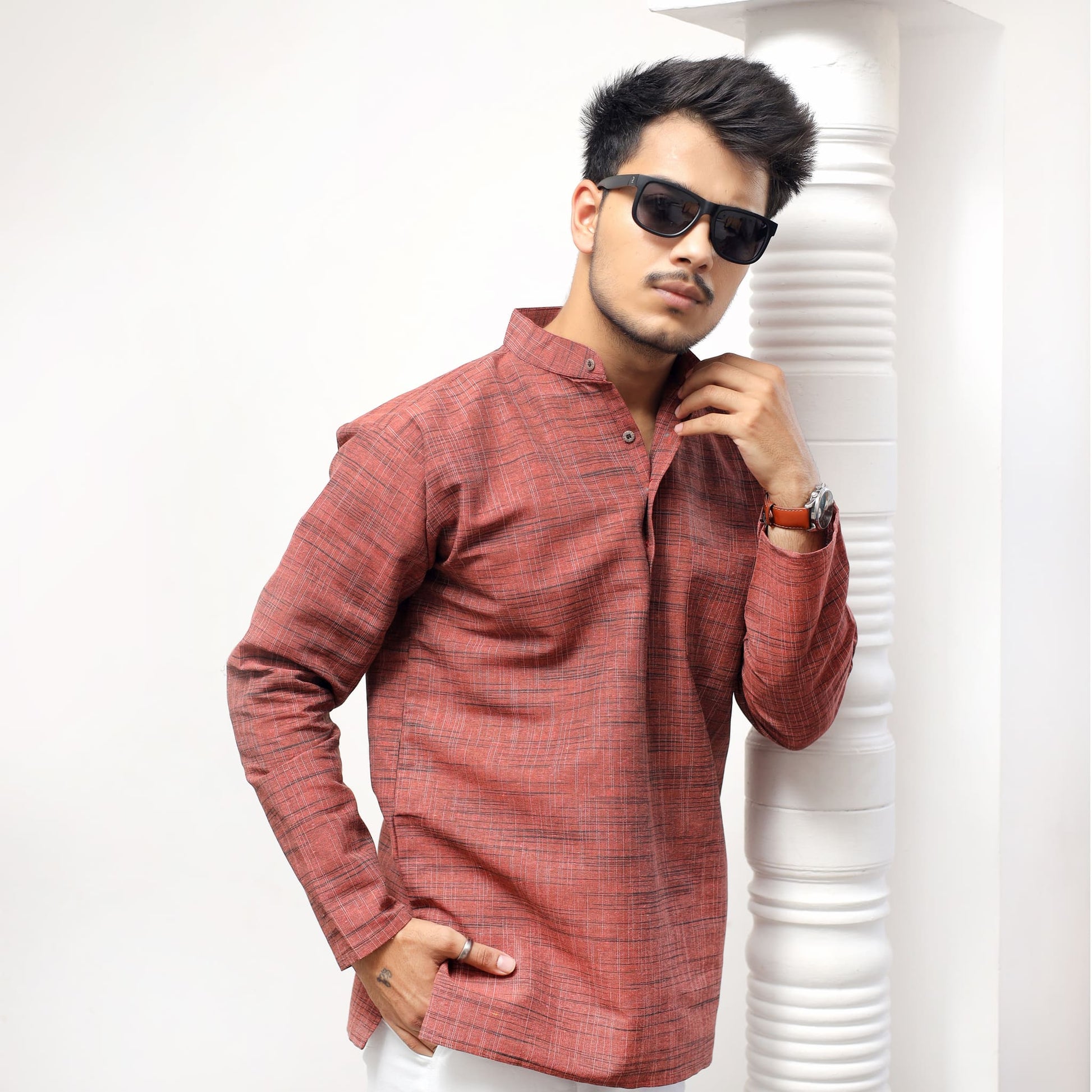 range Tone Dark Jharna cotton kurta styled with white pants indoor shoot